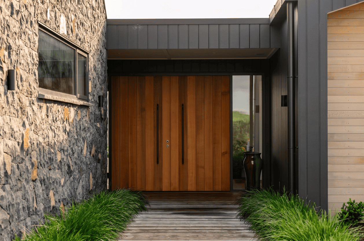 Cedar double door entry with Stone Schist and Nu-Wall cladding Matakana
