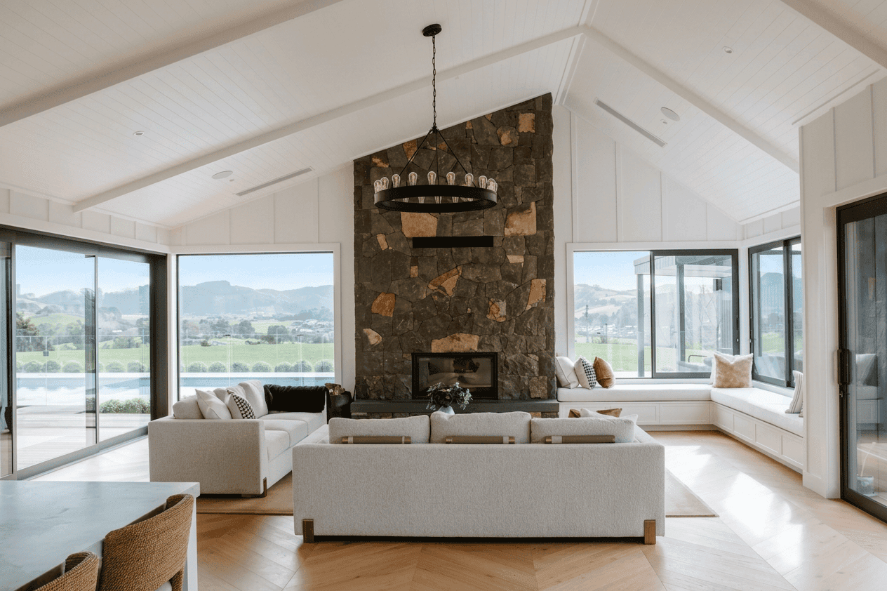 A-symmetrical raking ceiling with stone fireplace and timber parquet floors Matakana